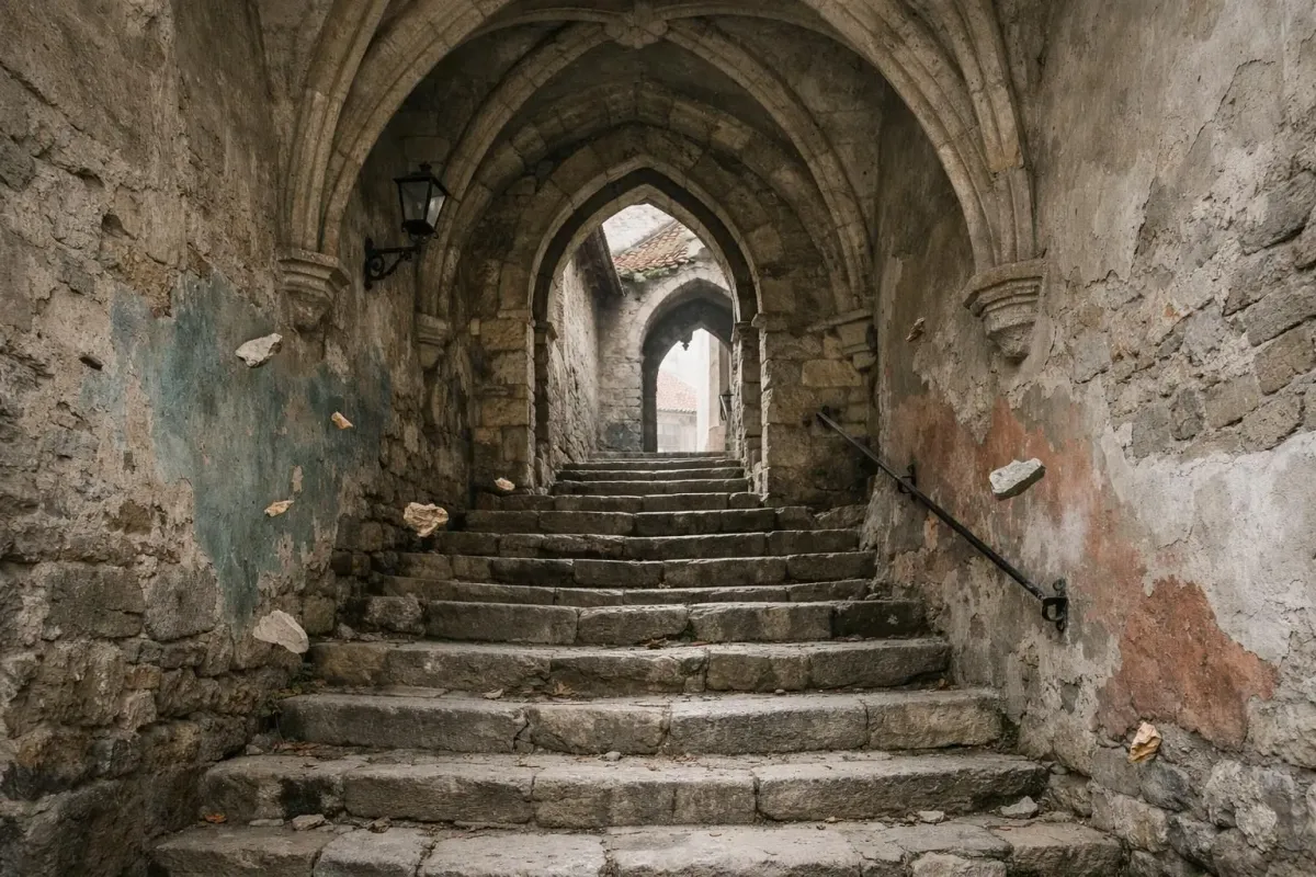 Dimly lit, stone archway leading to a staircase.