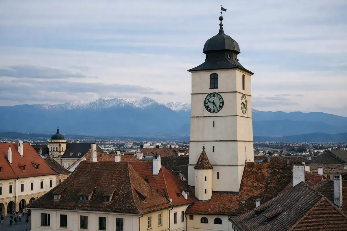 Historic clock tower with snow-capped mountains in the background.