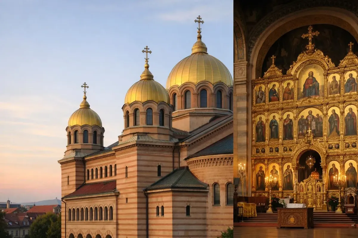 Ornate Eastern Orthodox cathedral with golden domes and intricate interior.
