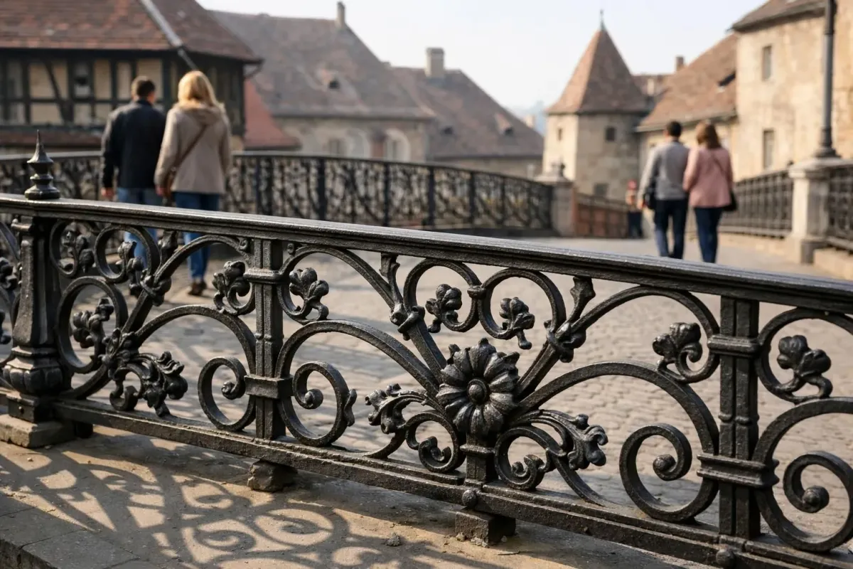 Historic ornate cast iron bridge in Sibiu medieval city, couples walking on the romantic walkway with old Saxon buildings in background, morning light creating atmospheric shadows through the metal railings
