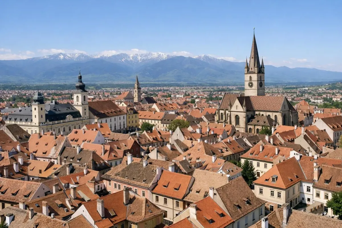 Aerial view of Sibiu's medieval old town with colorful baroque buildings, orange-tiled roofs, and Gothic church spires, surrounded by Carpathian mountains in the background under clear blue sky