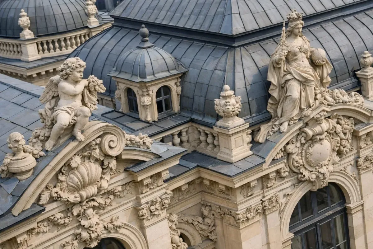 Ornate, baroque-style architecture with intricate stone carvings and statues.
