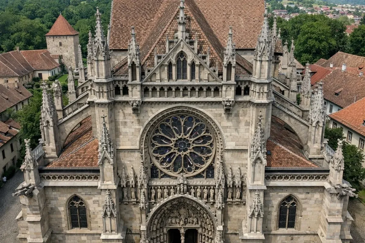 Ornate Gothic cathedral with intricate stone architecture and rose window.