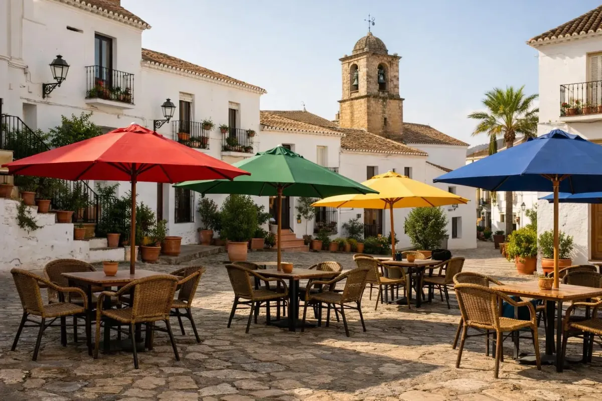 Plaza principale d'un village blanc andalou avec terrasses de cafés sous parasols colorés, façades blanchies à la chaux, pavés anciens, quelques touristes et habitants assis aux tables en plein air, montagnes en arrière-plan, lumière méditerranéenne dorée