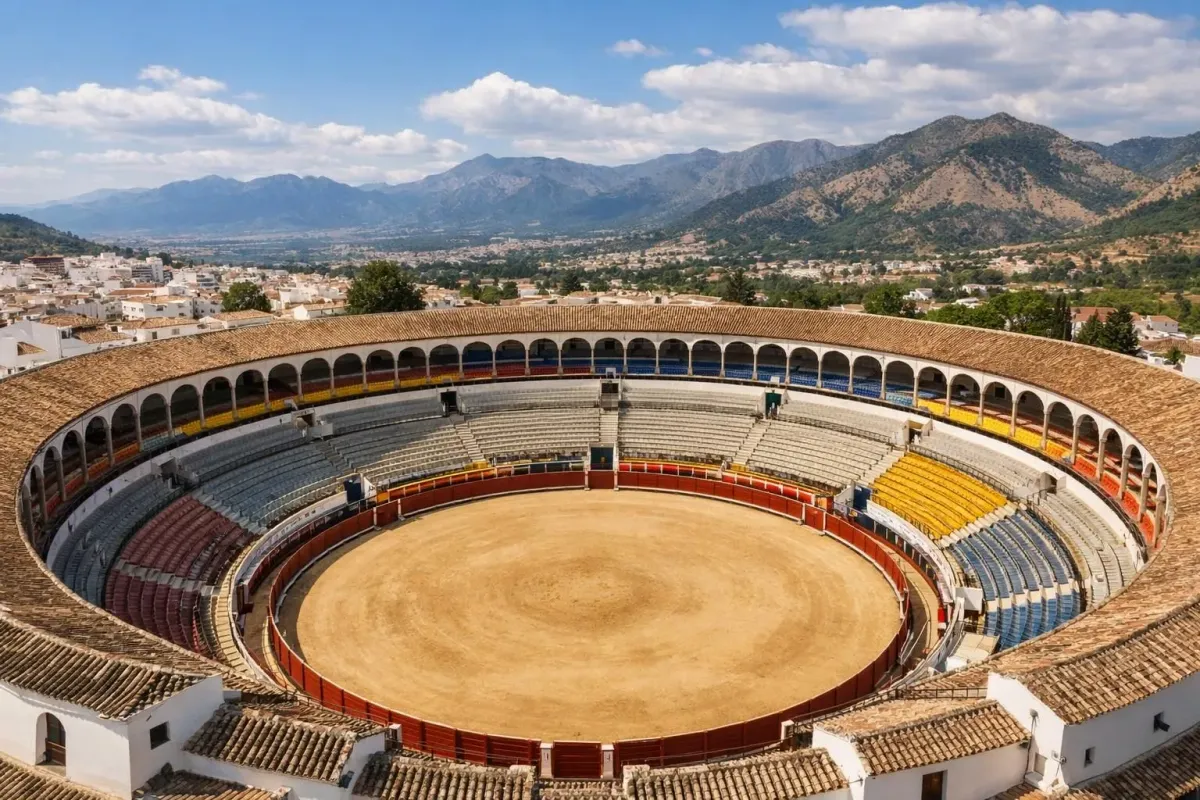 Circular bullring with colorful tiered seating, surrounded by mountains.