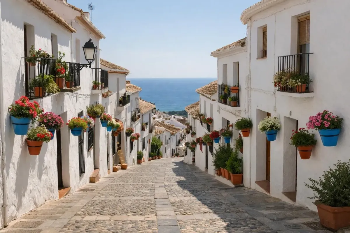 Narrow whitewashed street in Mijas pueblo with traditional Andalusian houses, colorful flower pots on white walls, cobblestone path leading to Mediterranean sea view in the distance, bright sunny day, authentic Spanish village atmosphere