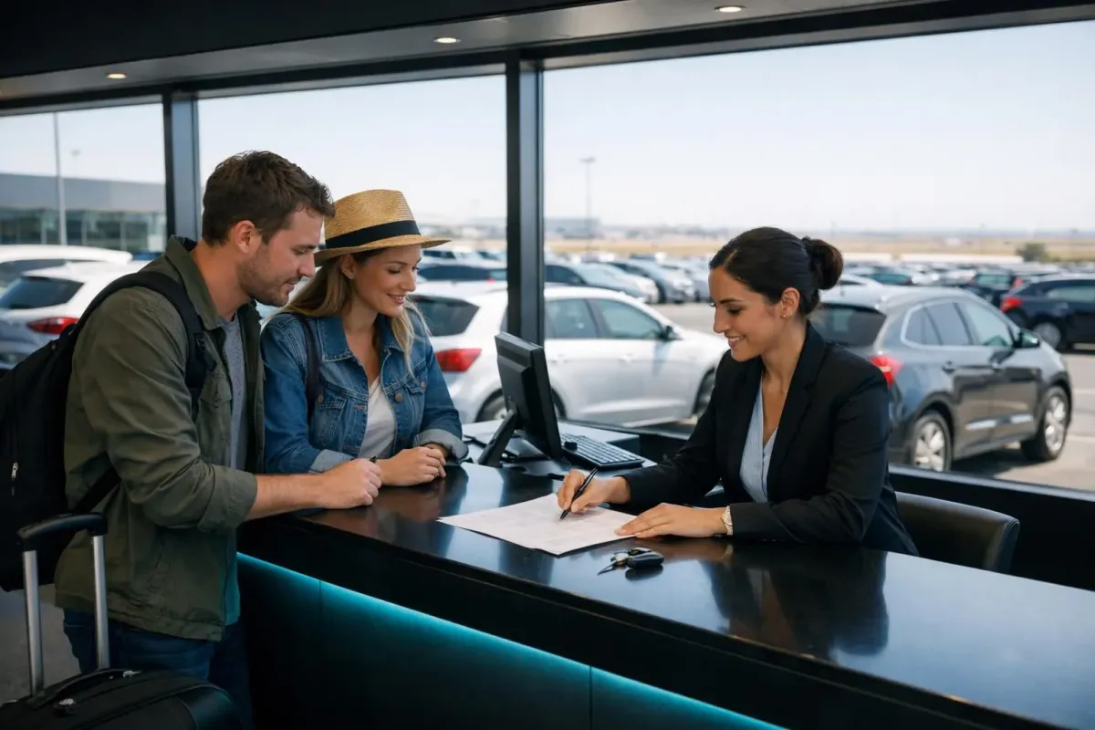 Car rental counter at Oran Es Sénia Airport with vehicles visible in parking lot, traveler reviewing rental agreement with agent, bright natural lighting, realistic travel photography