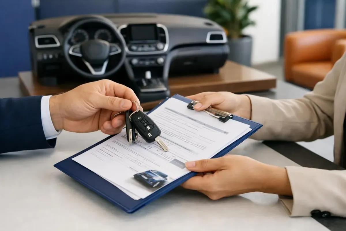 Close-up of hands exchanging car rental documents and keys at agency counter in Oran, with insurance papers visible, natural office lighting, modern rental agency setting