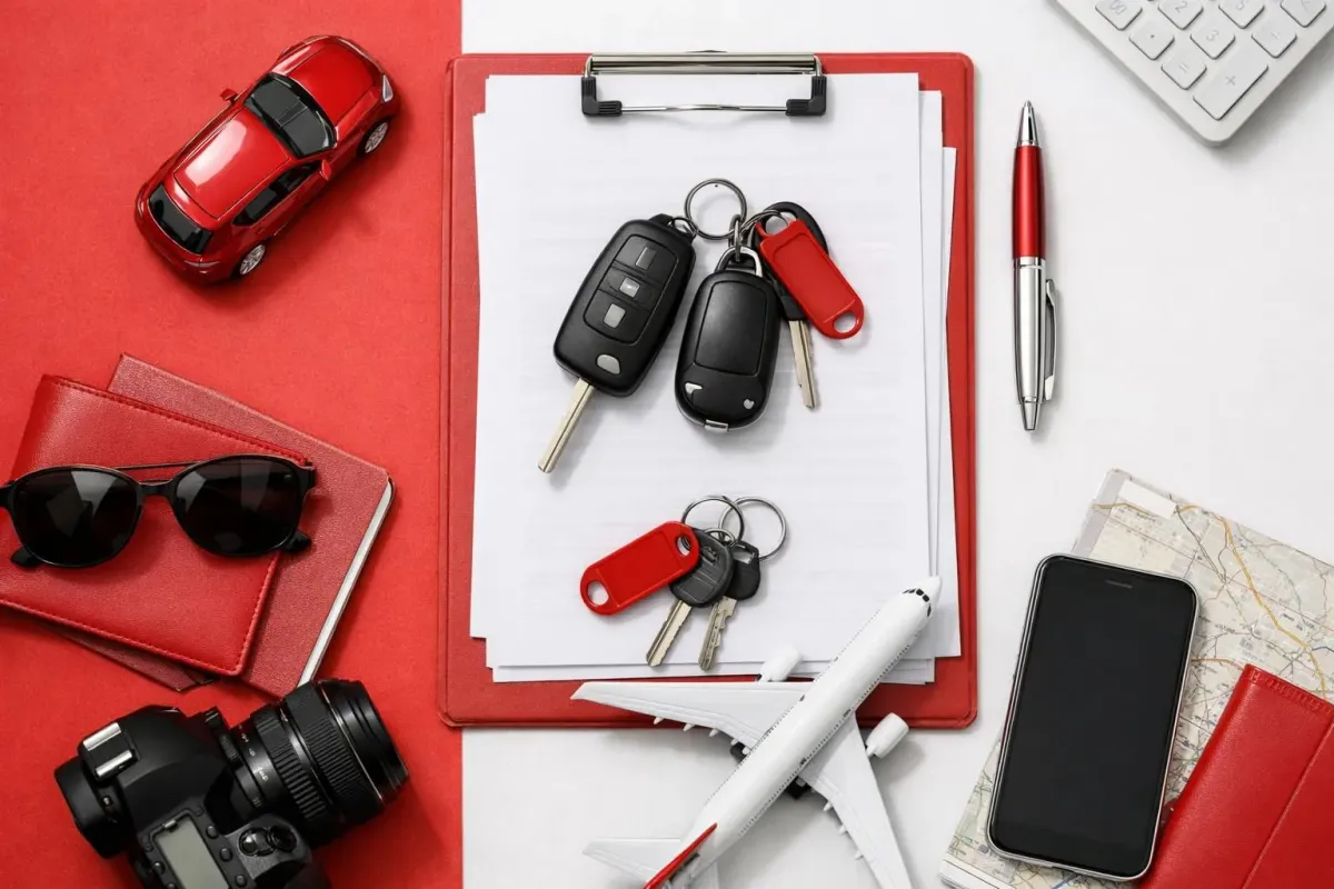 Red and white office supplies, car model, and travel accessories.