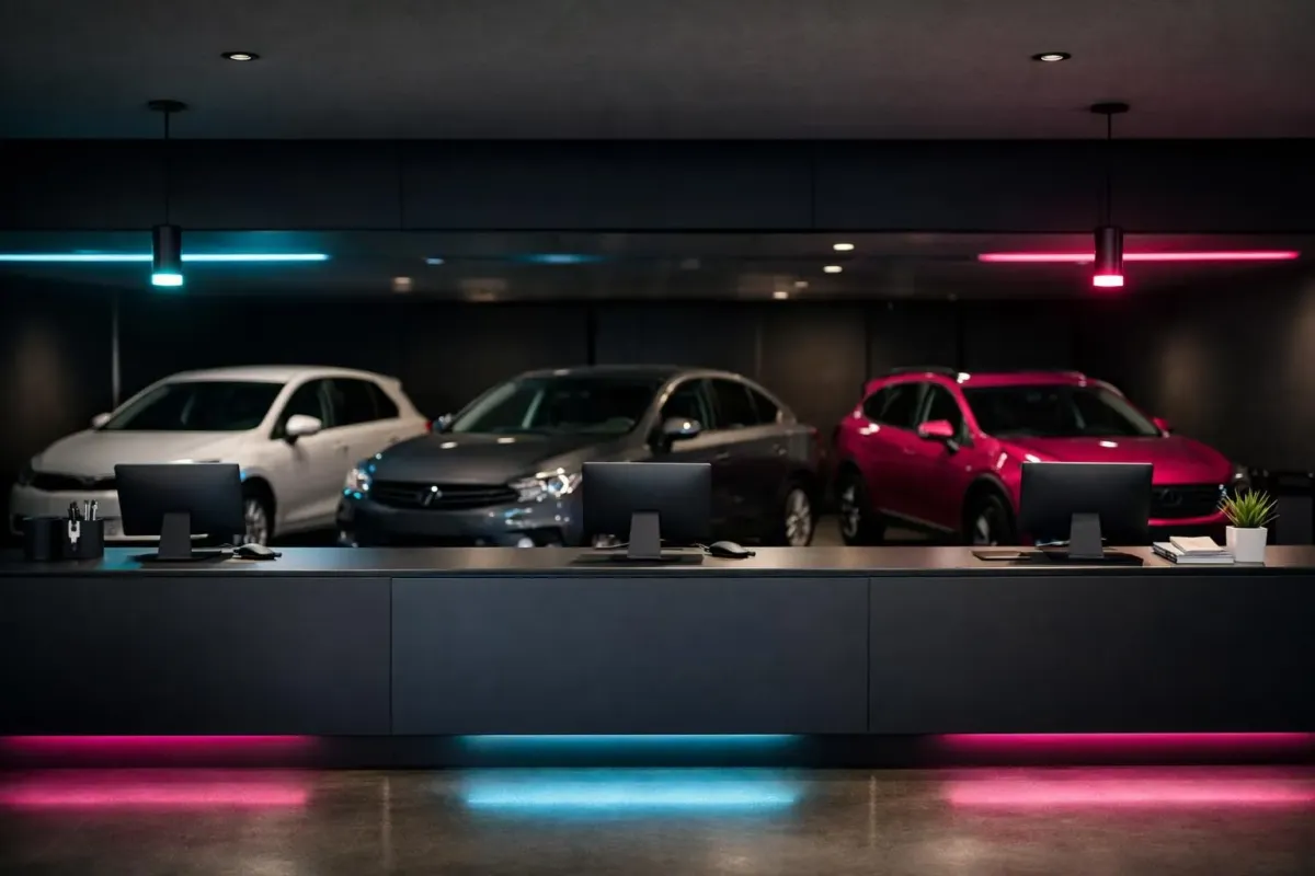 Sleek, modern car showroom with colorful lighting and display.