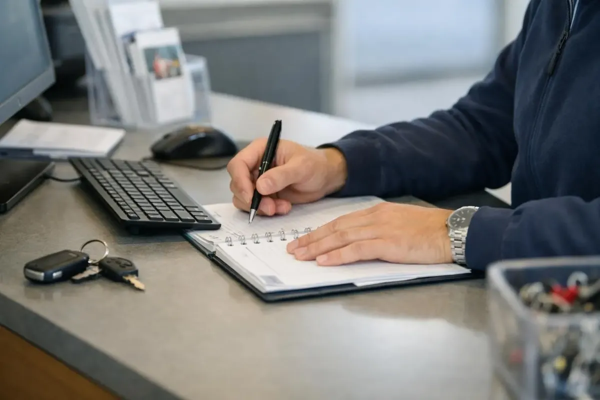 Split-screen comparison showing a quiet airport rental counter in November with low prices versus a crowded counter in August with high demand, symbolizing seasonal price variations for car rentals at Malaga airport