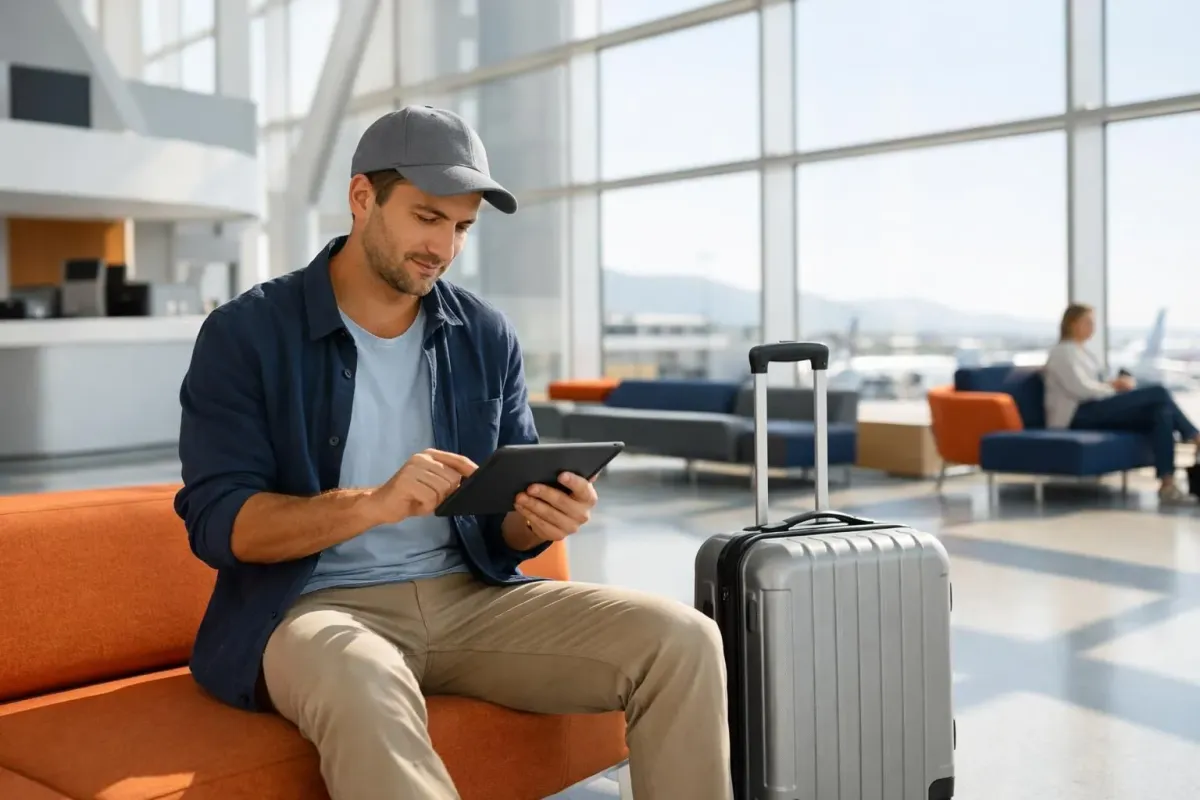 Traveler in casual clothing using tablet to compare rental car prices at modern Malaga airport terminal, with rolling suitcase beside them and bright natural lighting from large windows