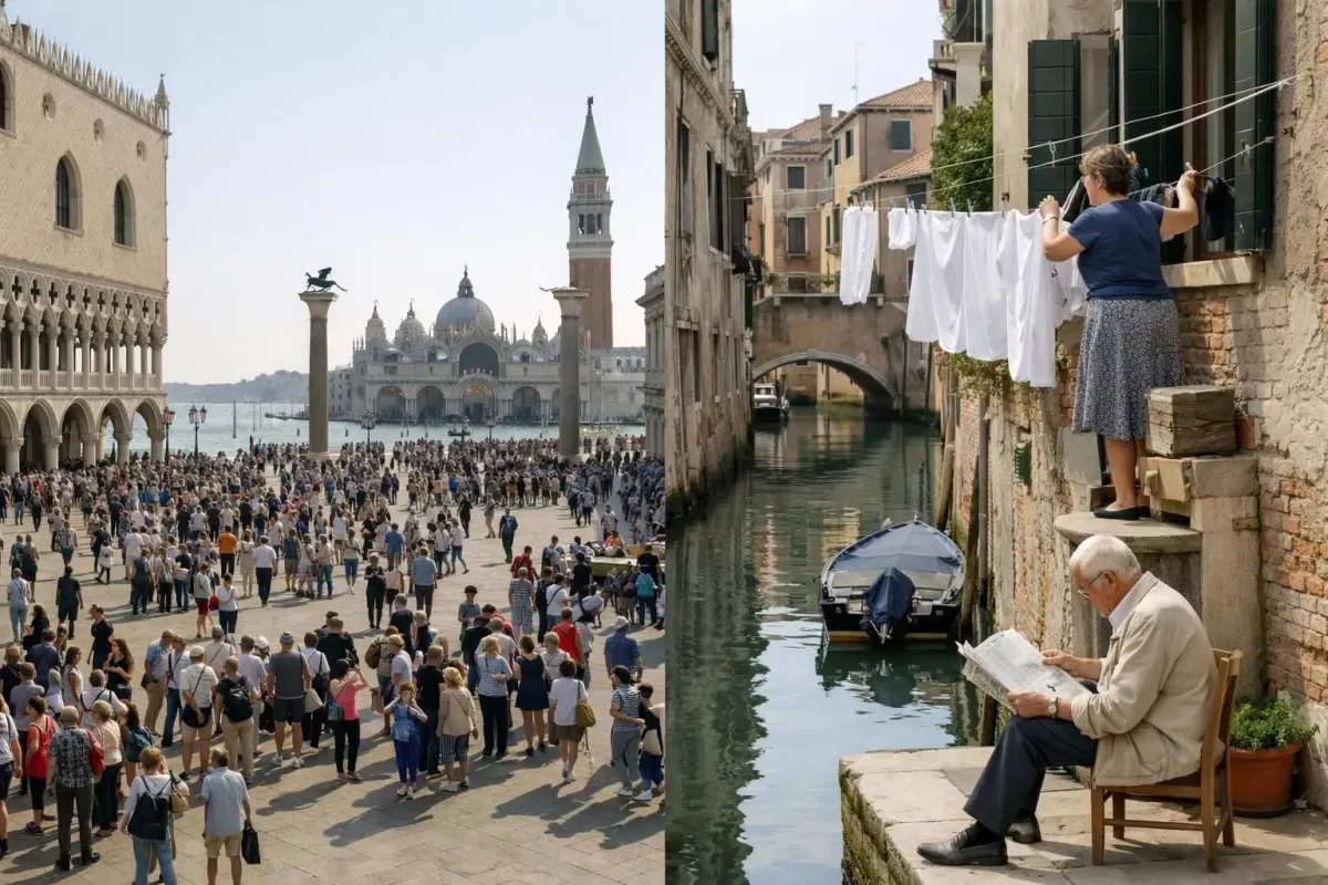 Split scene showing bustling Saint Mark's Square packed with tourists and selfie sticks on one side, contrasted with a serene residential Venetian canal where a local woman hangs laundry from a window and an elderly man sits on doorstep reading newspaper, narrow cobblestone walkway, authentic Venetian daily life, warm morning light