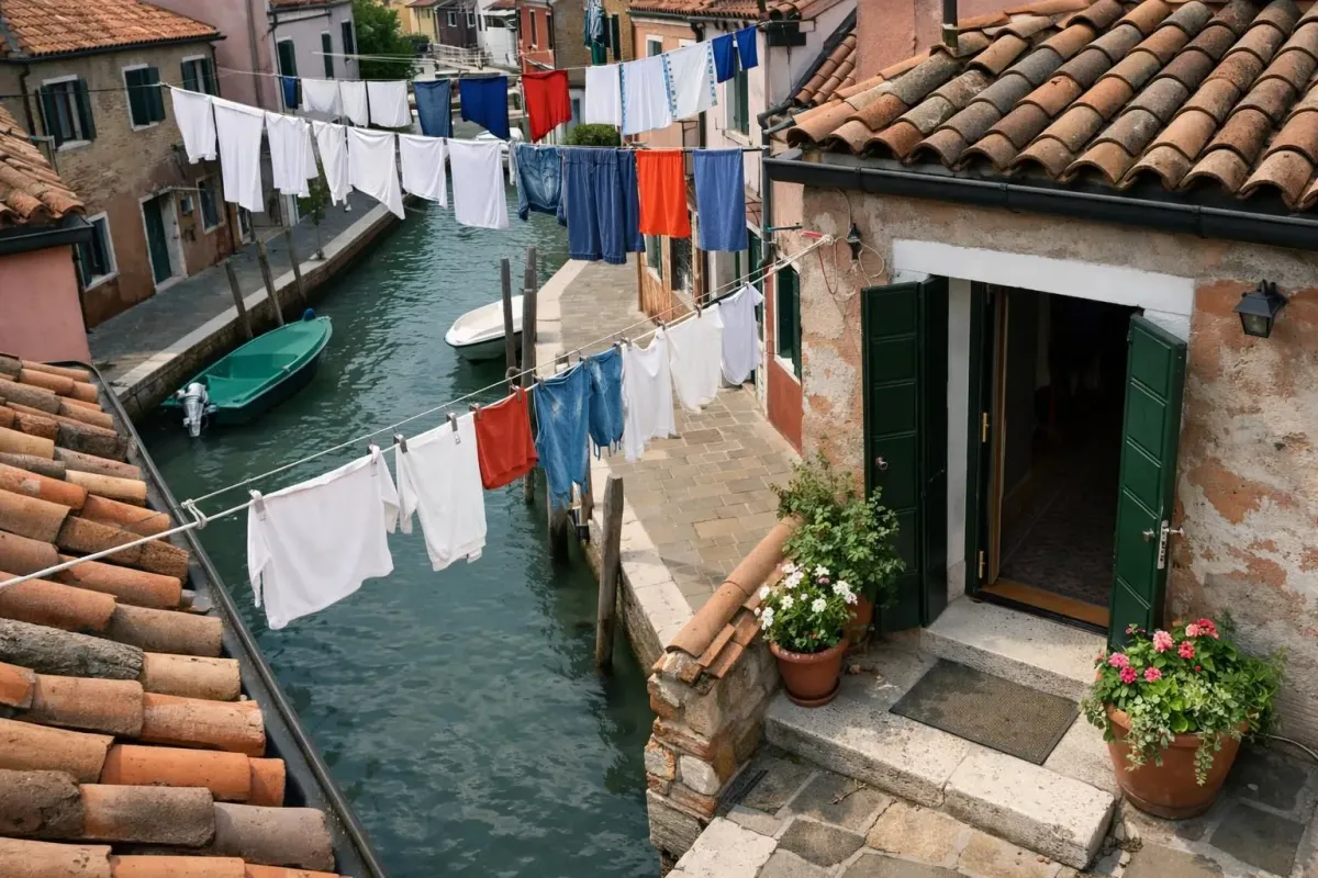 Colorful laundry hanging over a narrow Venetian canal.