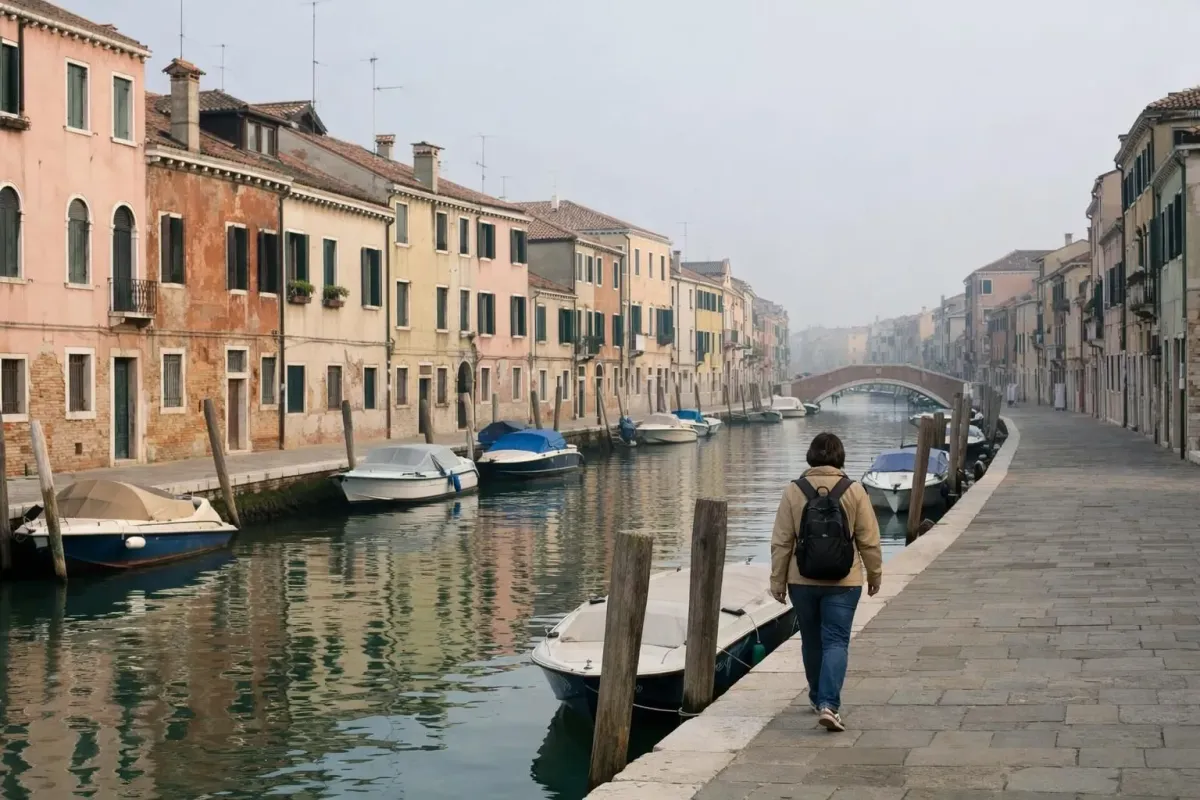 Quiet residential canal in Cannaregio district Venice with local resident walking, colorful traditional houses, peaceful morning atmosphere, authentic neighborhood feel, no tourists visible