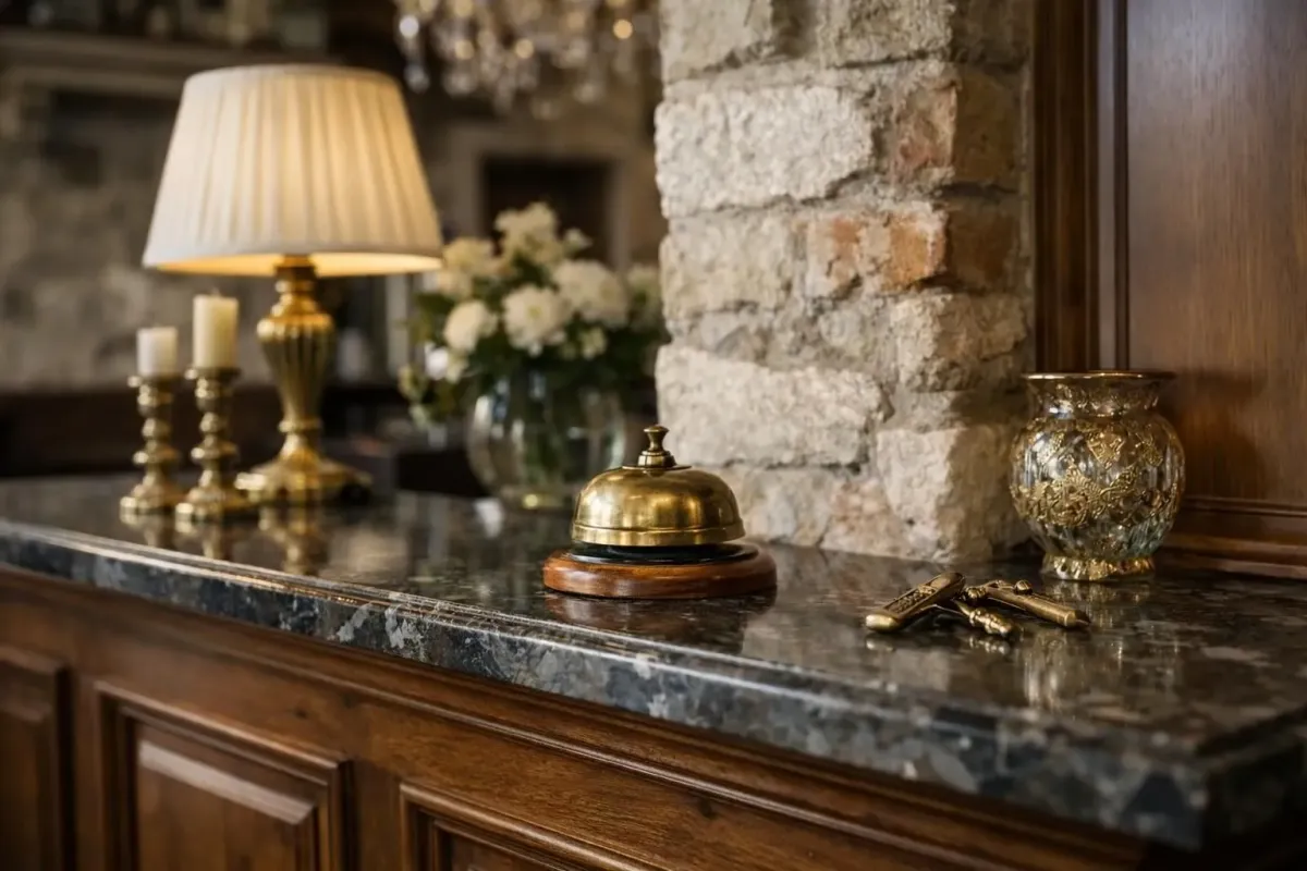 Elegant fireplace mantel with antique decor and lighting.