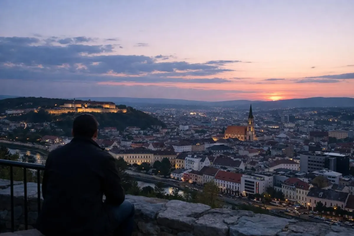 Stunning cityscape at sunset, with historic architecture and glowing lights.