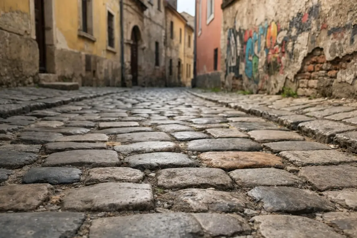 Cobblestone street, colorful buildings, graffiti-covered walls, narrow alleyway.