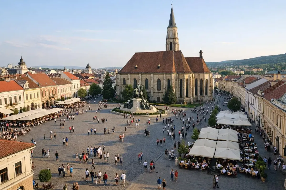 Aerial view of Cluj-Napoca's Piața Unirii square showing baroque and gothic architecture, Saint Michael's Church, tourists and locals walking on cobblestones, afternoon golden hour lighting, vibrant café terraces, authentic urban atmosphere