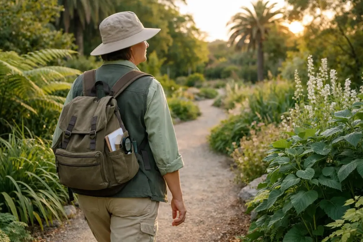A person in hiking gear walking on a garden path.