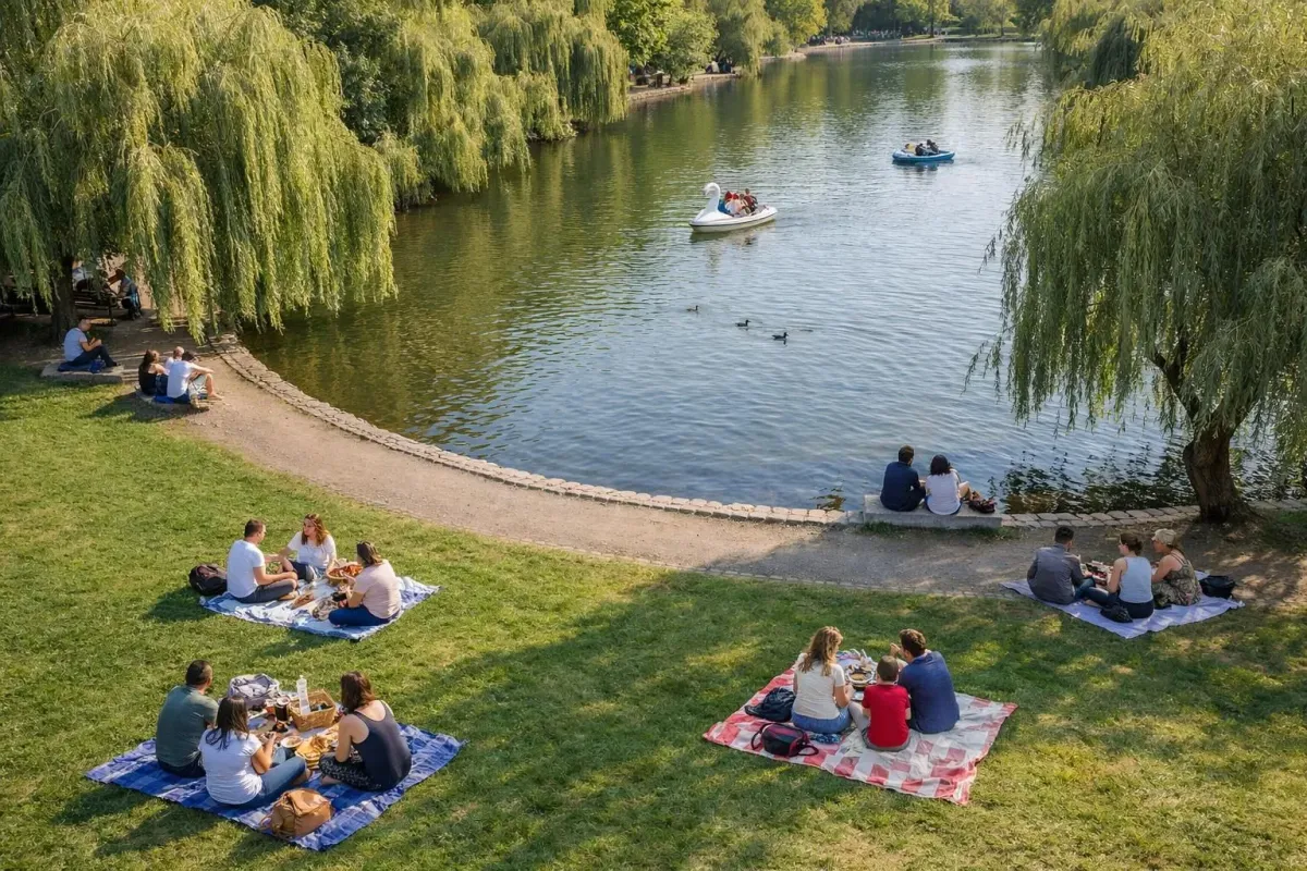 Scenic lake surrounded by willow trees, people enjoying picnics.