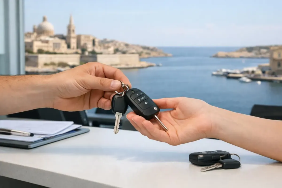 Hands holding car keys, with scenic coastal city in background.