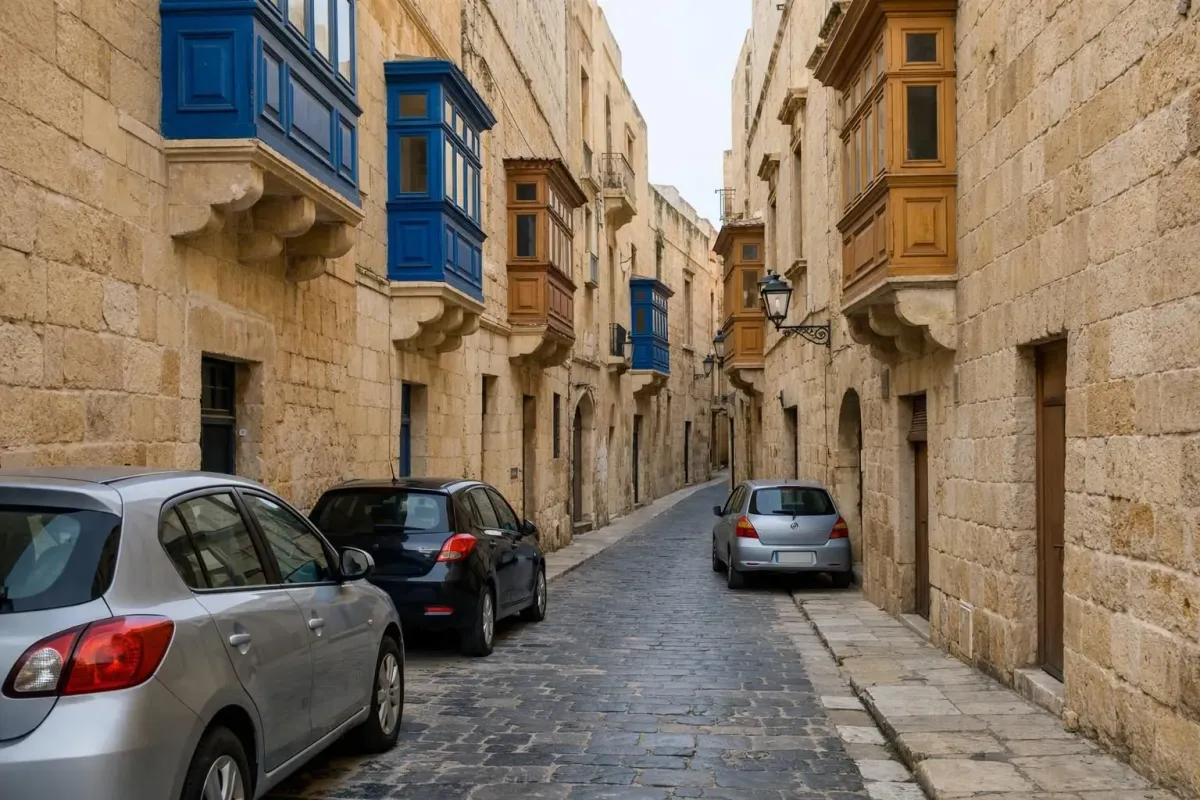 Narrow cobblestone street in Malta with honey-colored limestone buildings, traditional wooden balconies, and parked cars squeezed against walls showing the challenging driving conditions, no text or signs visible