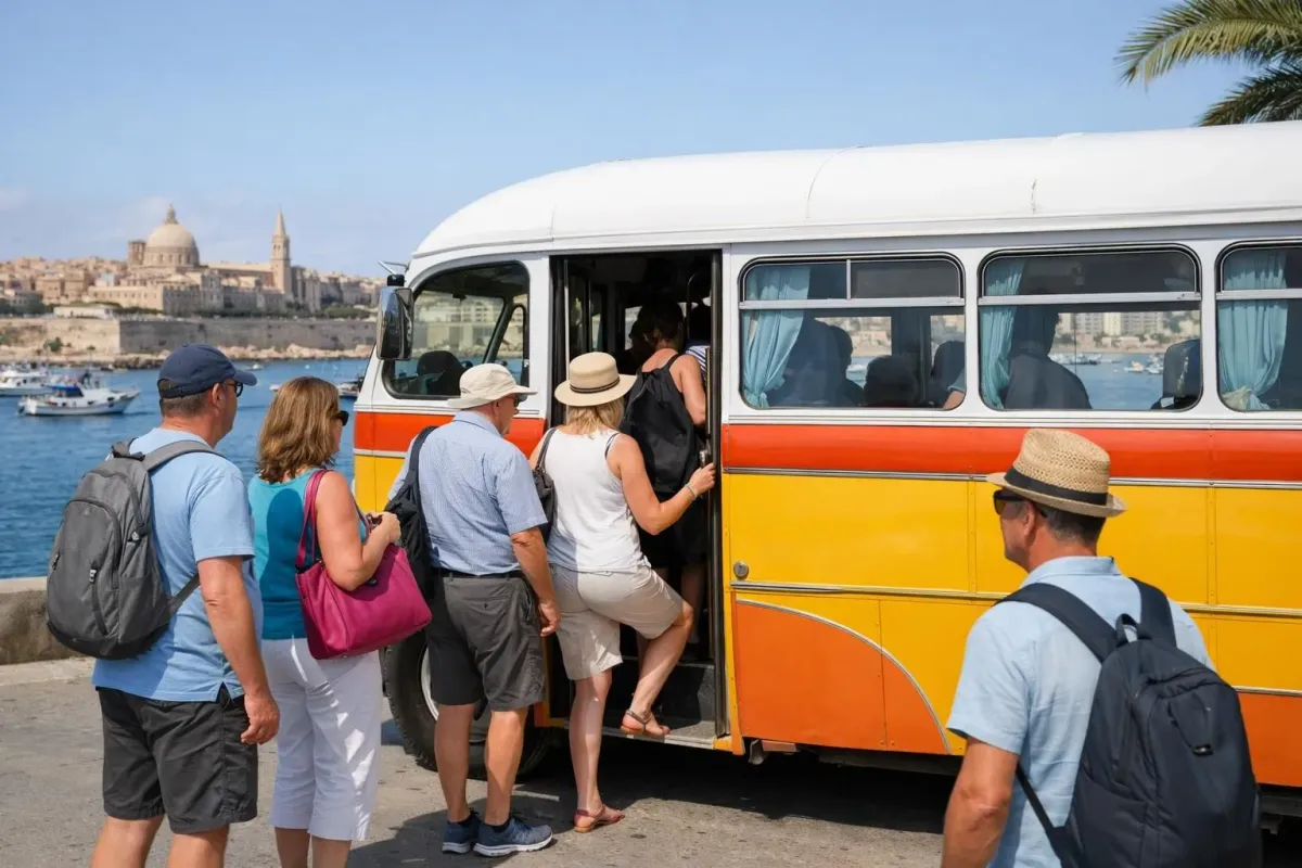 Traditional yellow Malta public bus at a stop with tourists boarding, sunny Mediterranean atmosphere