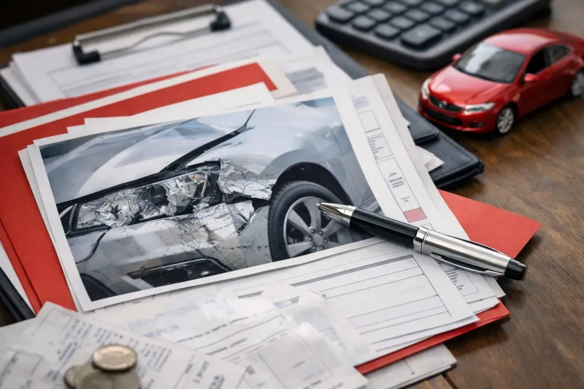 Damaged vehicle, accident report forms, calculator, and toy car on desk.