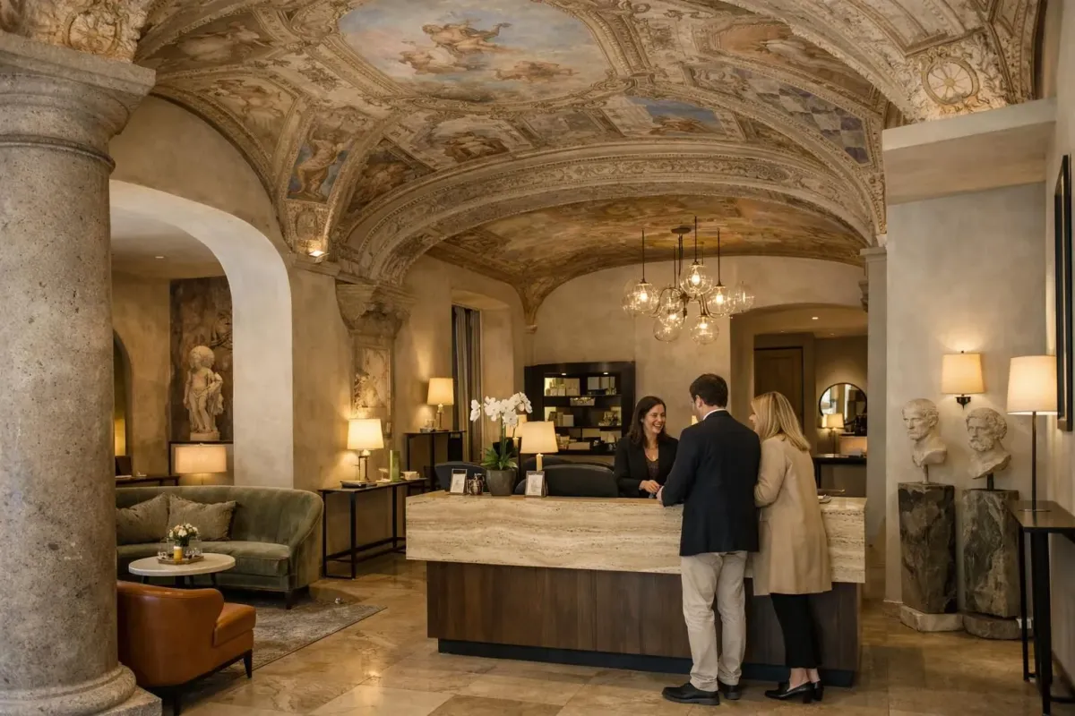 Elegant boutique hotel lobby in Rome's historic center with original frescoed ceilings, contemporary Italian furniture, warm amber lighting, and a concierge desk with personalized guest service, architectural details showing blend of ancient Roman elements and modern design
