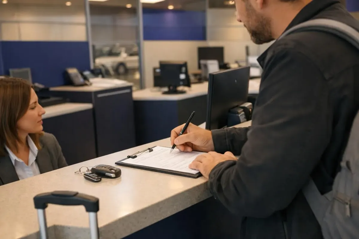 A person signing documents at a desk in an office.