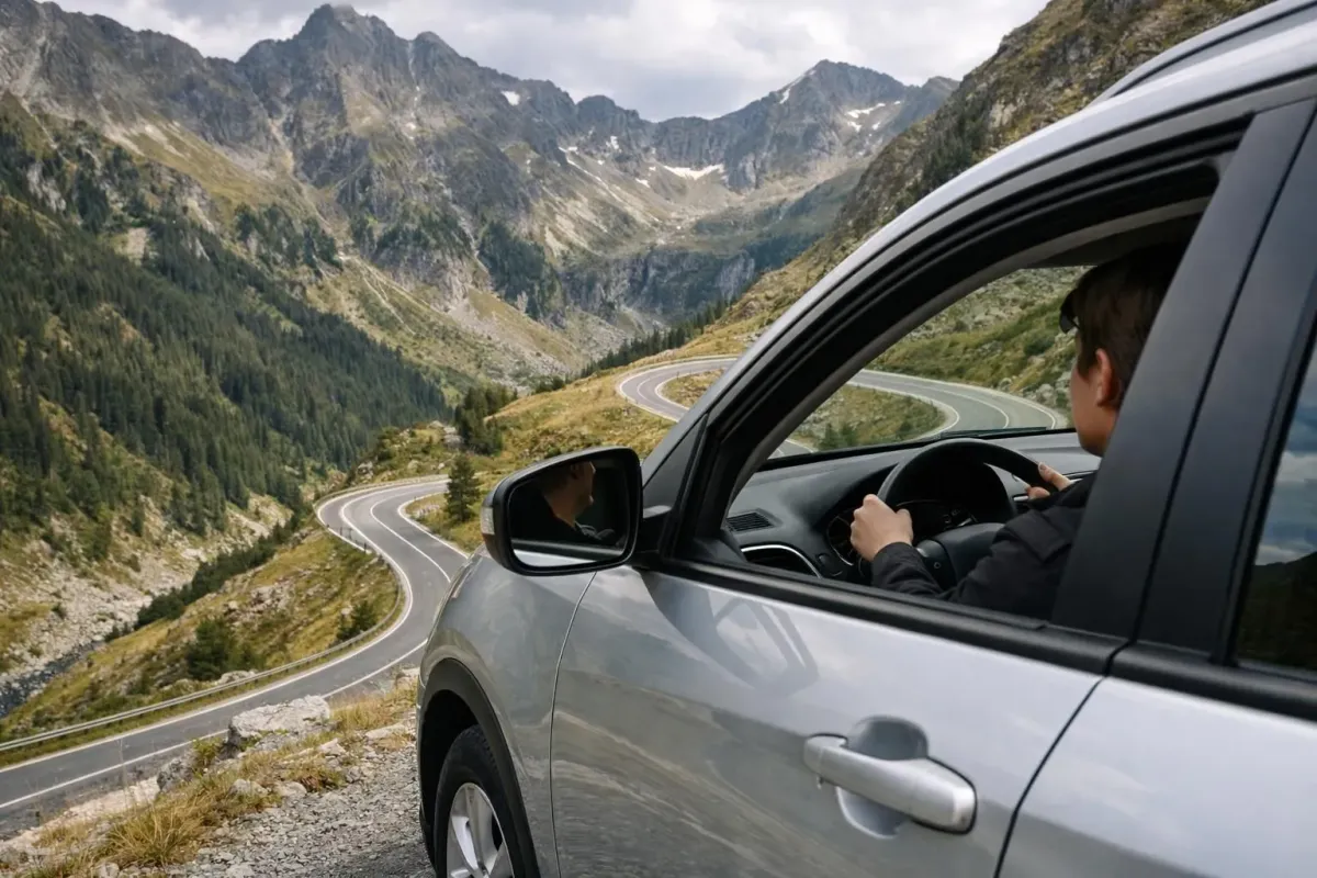 Aerial view of winding mountain road through Transfăgărășan pass in Romanian Carpathians with dramatic peaks, forests and a rental car navigating the curves
