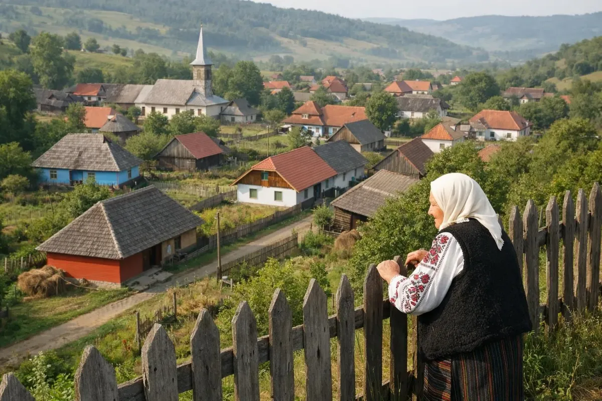 Elderly Romanian villager in traditional embroidered clothing standing near wooden fence with traditional painted houses in background, authentic rural Romanian village scene, morning soft light, no text or signs visible