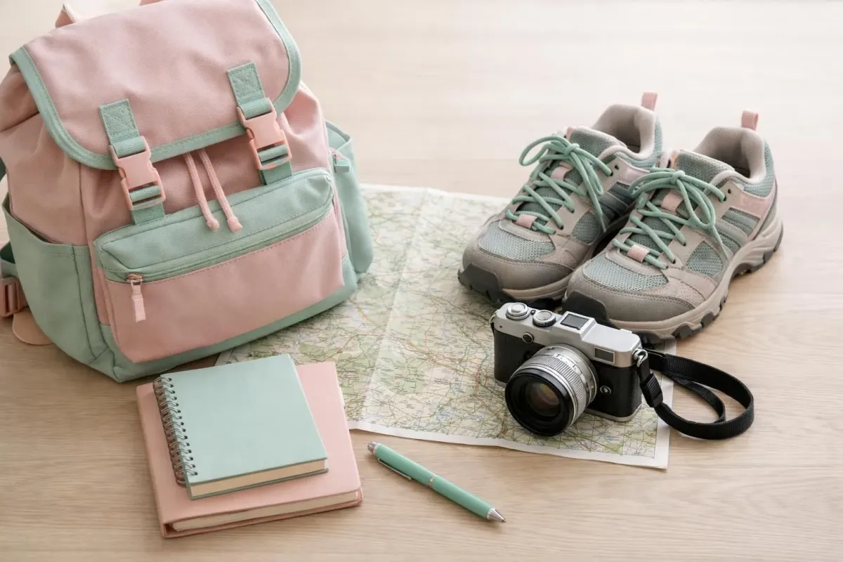 Backpack, hiking shoes, camera, map, and stationery in pastel colors.