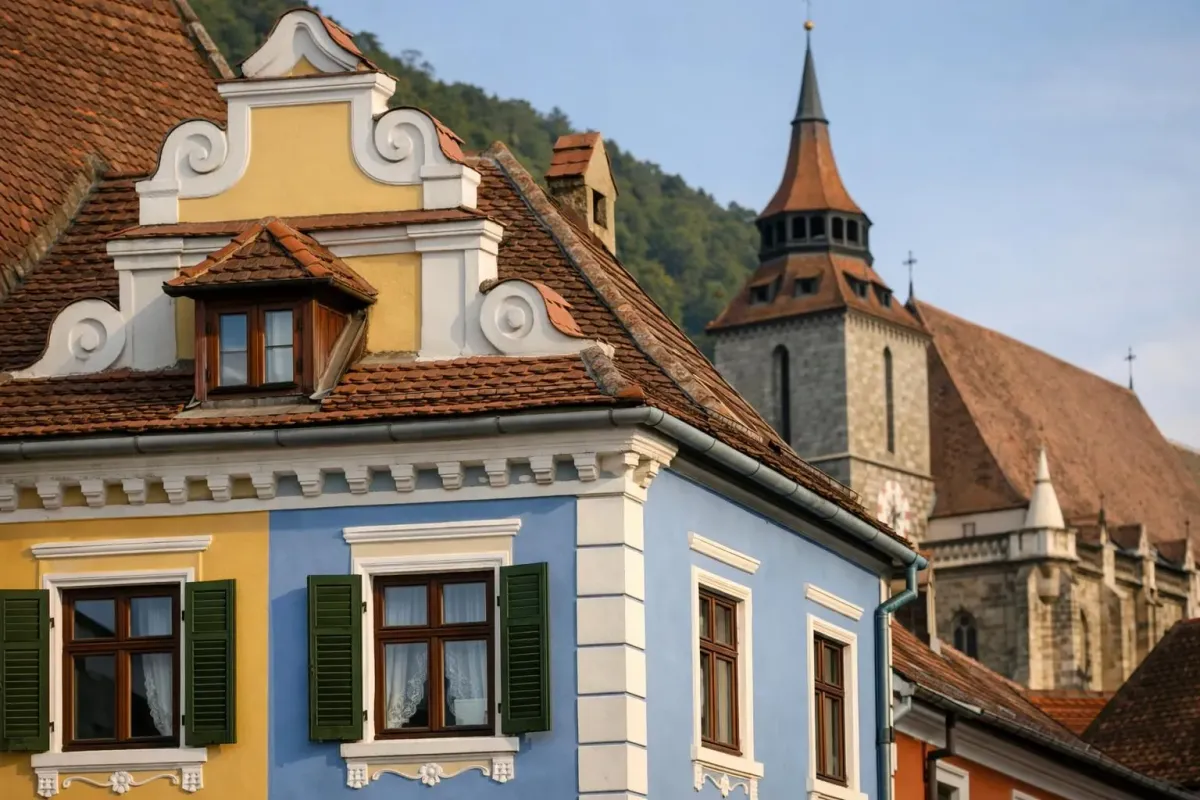 Colorful historic buildings with ornate architecture and a church steeple.