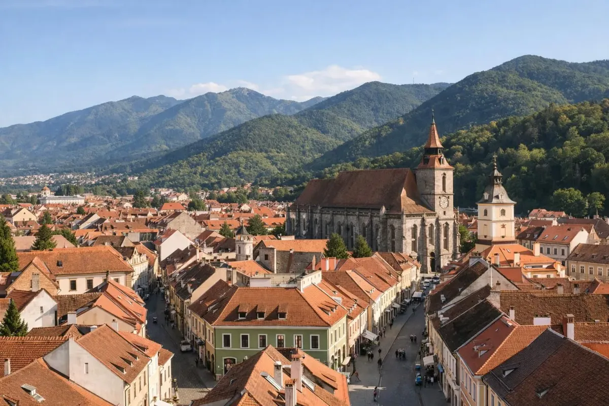 Panoramic view of Brasov medieval old town center with colorful baroque buildings, narrow cobblestone streets, and surrounding Carpathian mountains in background, warm afternoon light