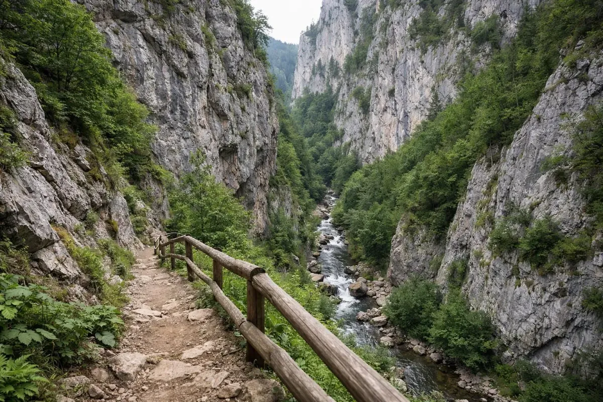 Rugged mountain gorge with a rushing stream and wooden path.