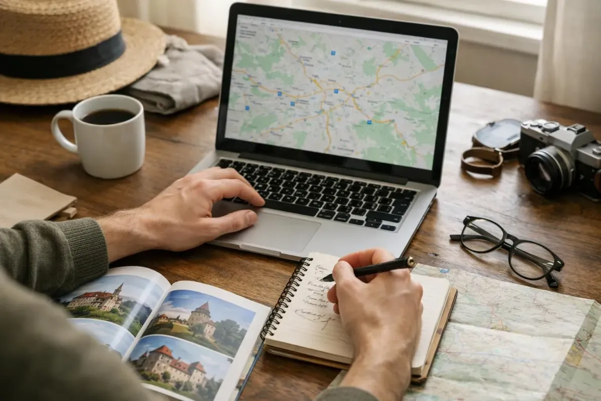 Traveler planning Cluj-Napoca itinerary with laptop showing Romanian map, handwritten travel notes, coffee cup, guidebook about Transylvania castles, warm natural light from window, authentic travel planning atmosphere