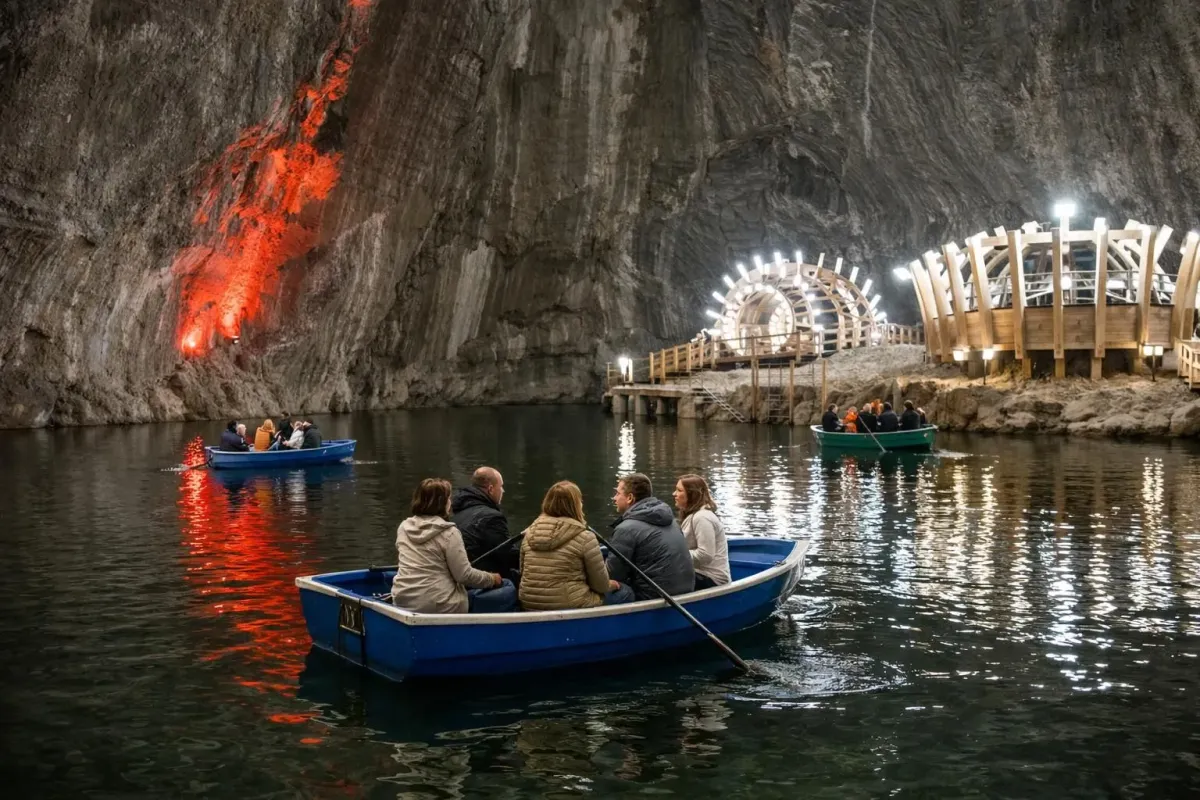 Boats floating on an illuminated underground lake in a cave.