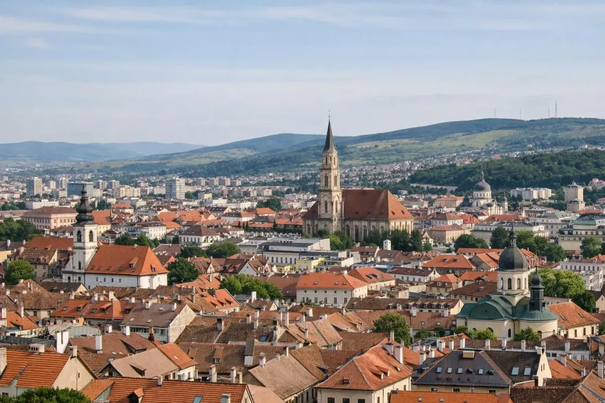 Aerial view of Cluj-Napoca with historic center buildings and terracotta roofs, surrounded by green Transylvanian hills and traditional countryside villages in the distance