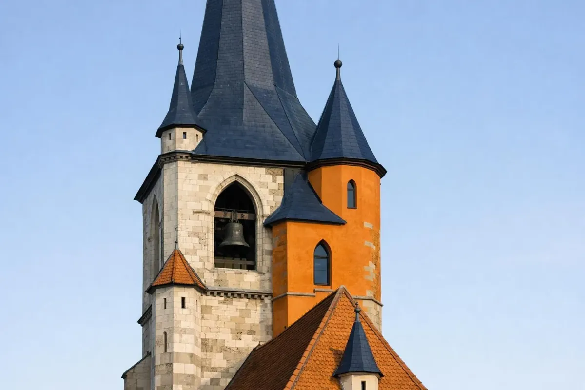Ornate medieval church tower with stone and orange accents.