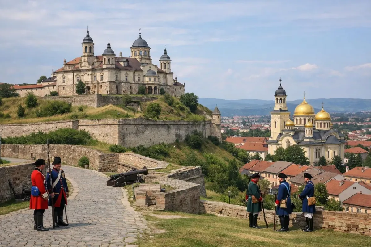 Ornate castle on hilltop, soldiers in historical uniforms, golden-domed cathedral.
