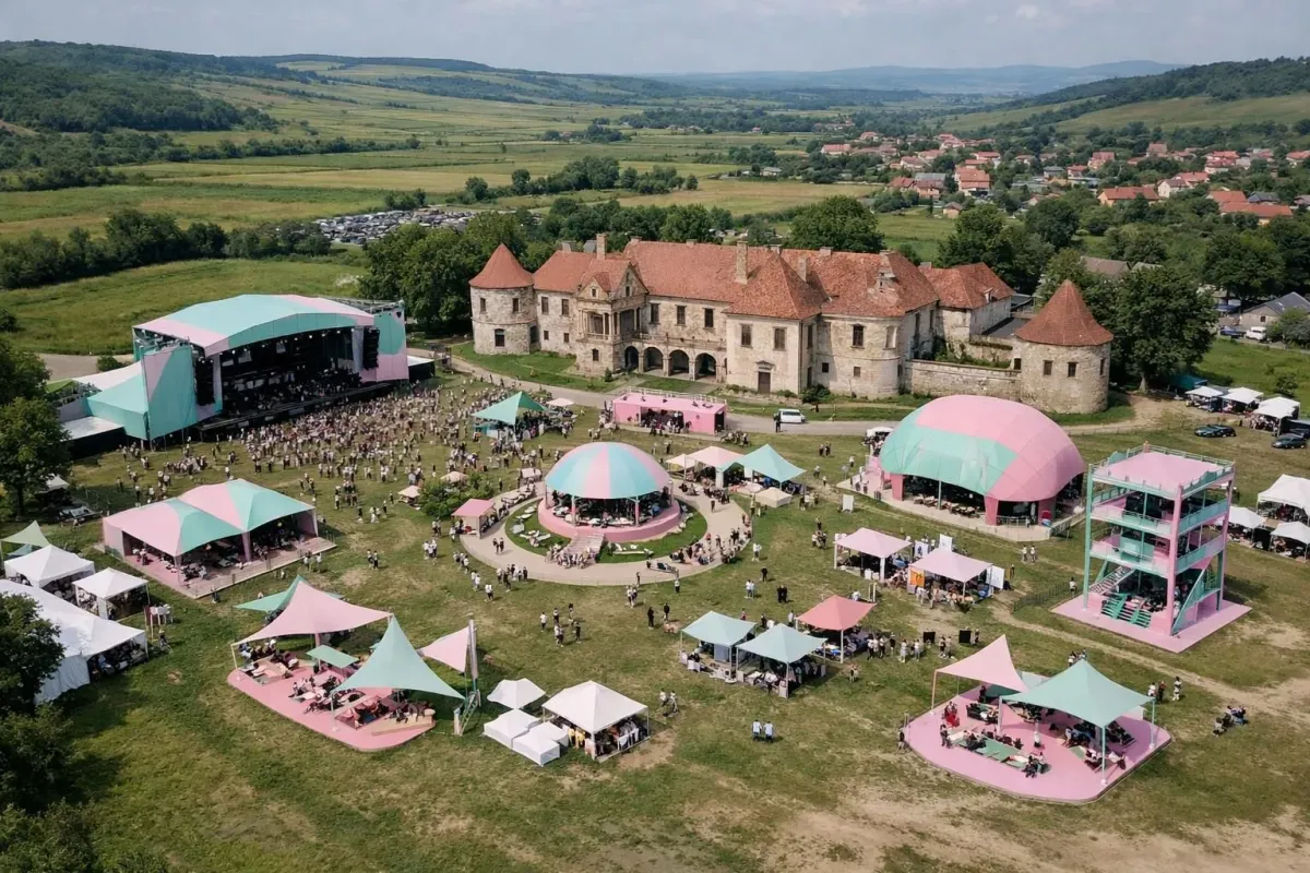 A historic castle hosting an outdoor music festival with colorful tents.