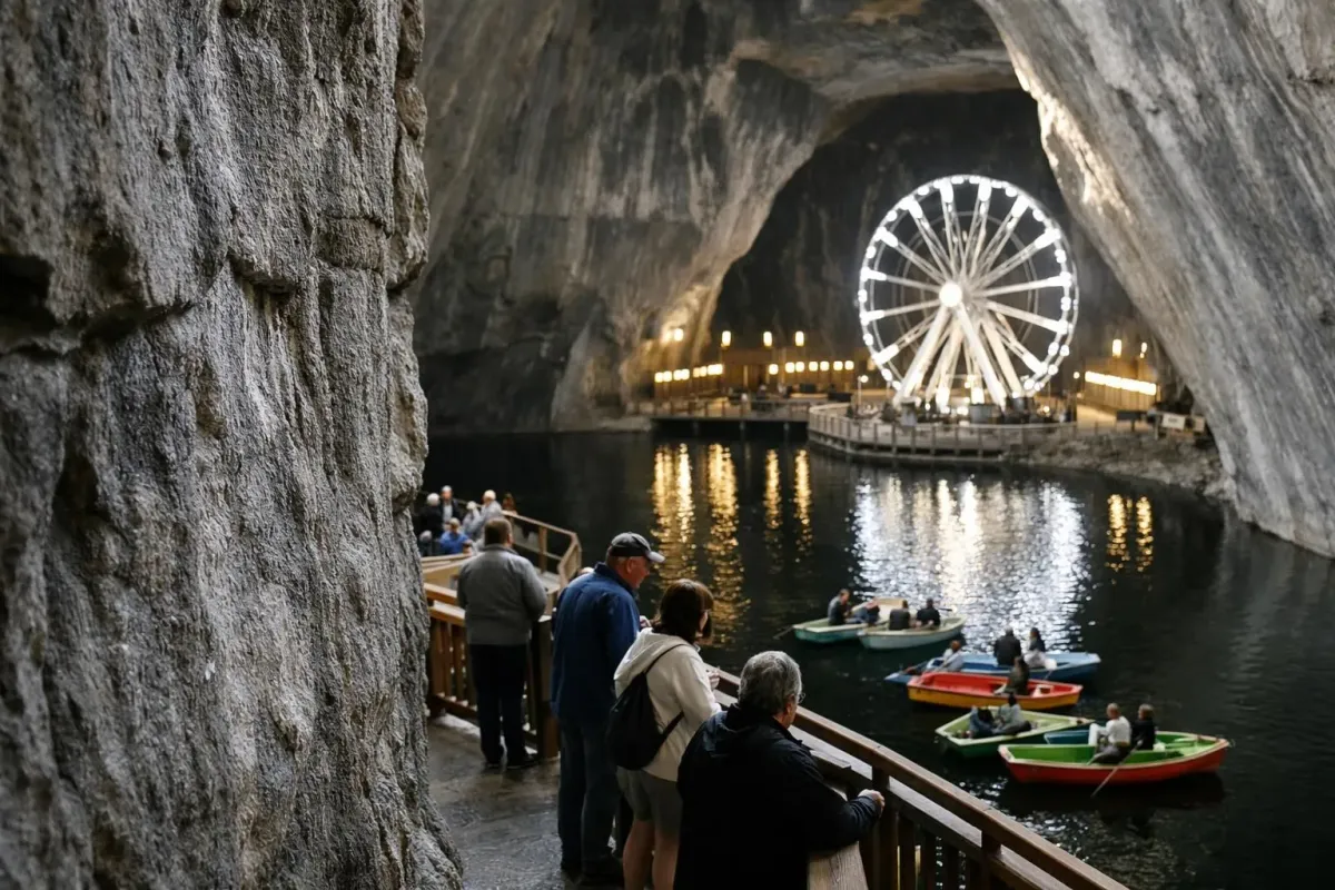 Underground salt mine cathedral interior with dramatic natural lighting illuminating massive carved rock walls, visitors on walkways observing underground lake with colorful rowing boats, Ferris wheel visible in vast carved chamber, showing impressive scale and futuristic leisure installations in ancient salt cavern