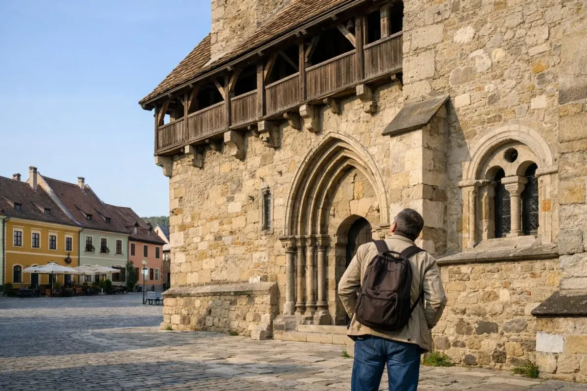A medieval stone building with a wooden balcony, in a town square.