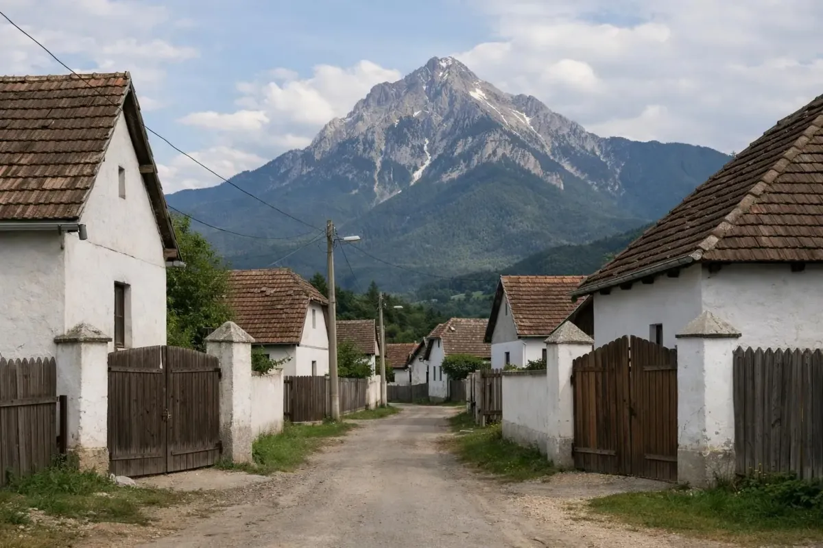 Picturesque mountain village with traditional houses and wooden fences.