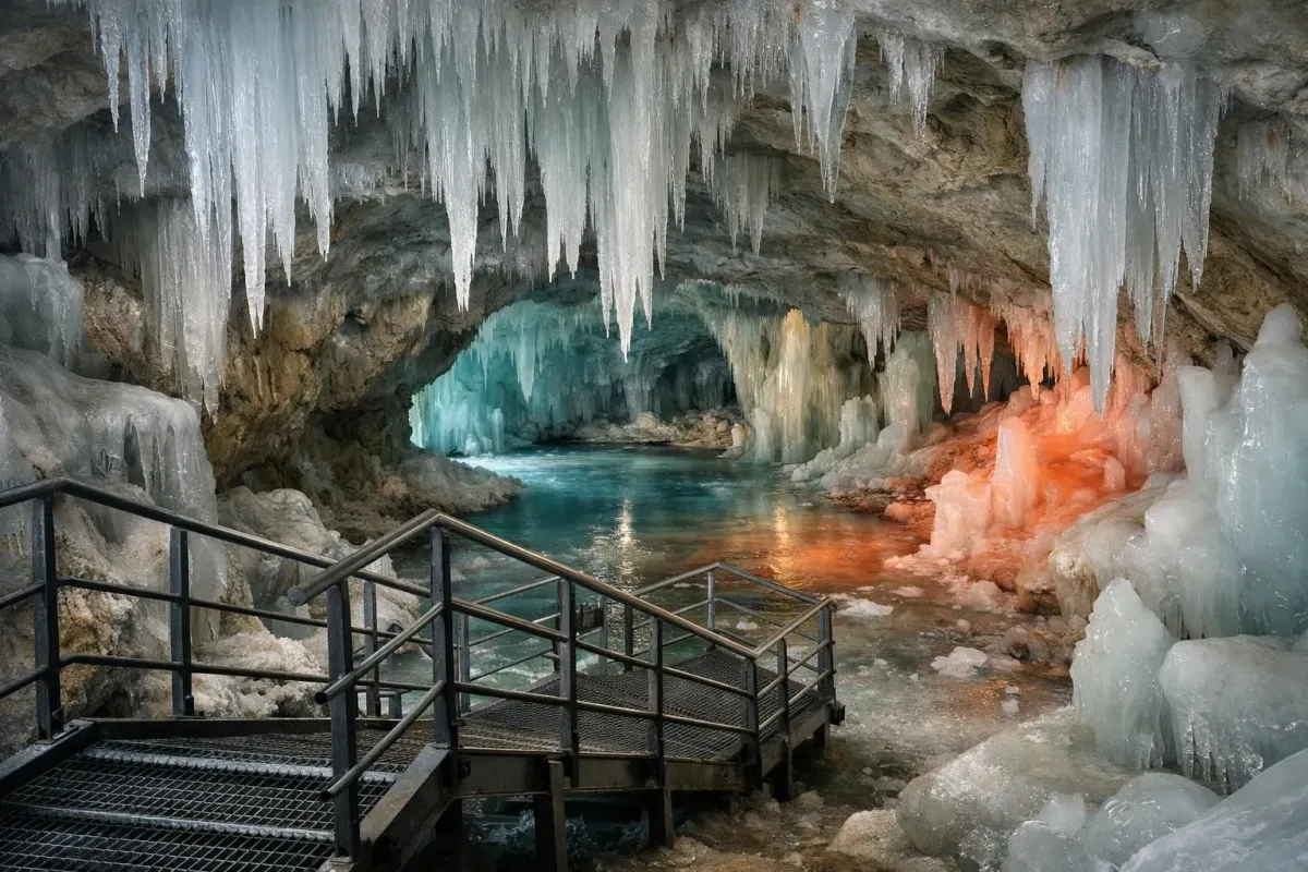 Icy cave with turquoise pool and dramatic rock formations.