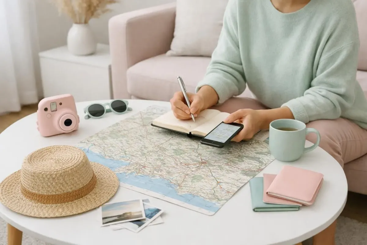 Person planning a trip, map, camera, sunglasses, notebook, and coffee mug on table.