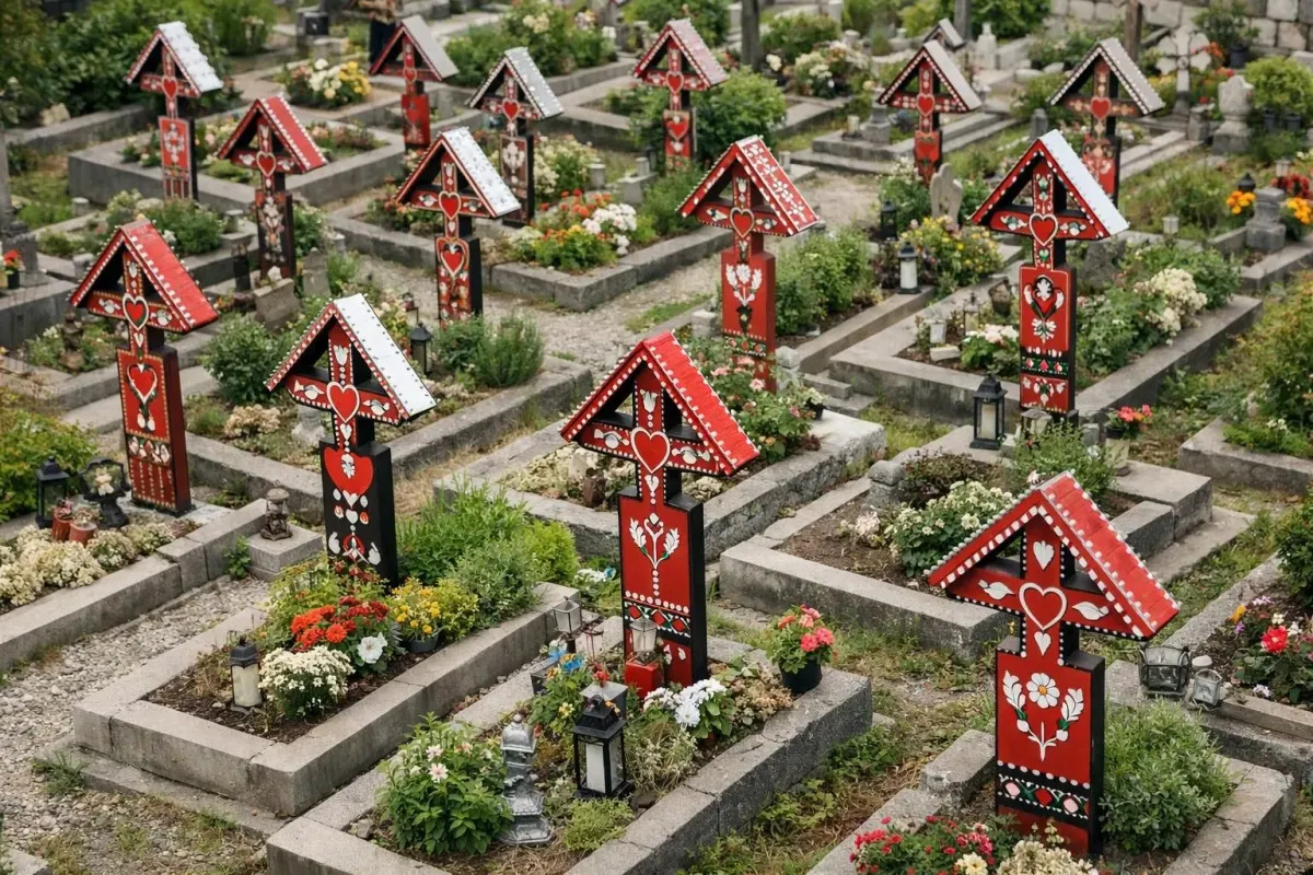 Colorful, ornate grave markers in a well-tended cemetery garden.