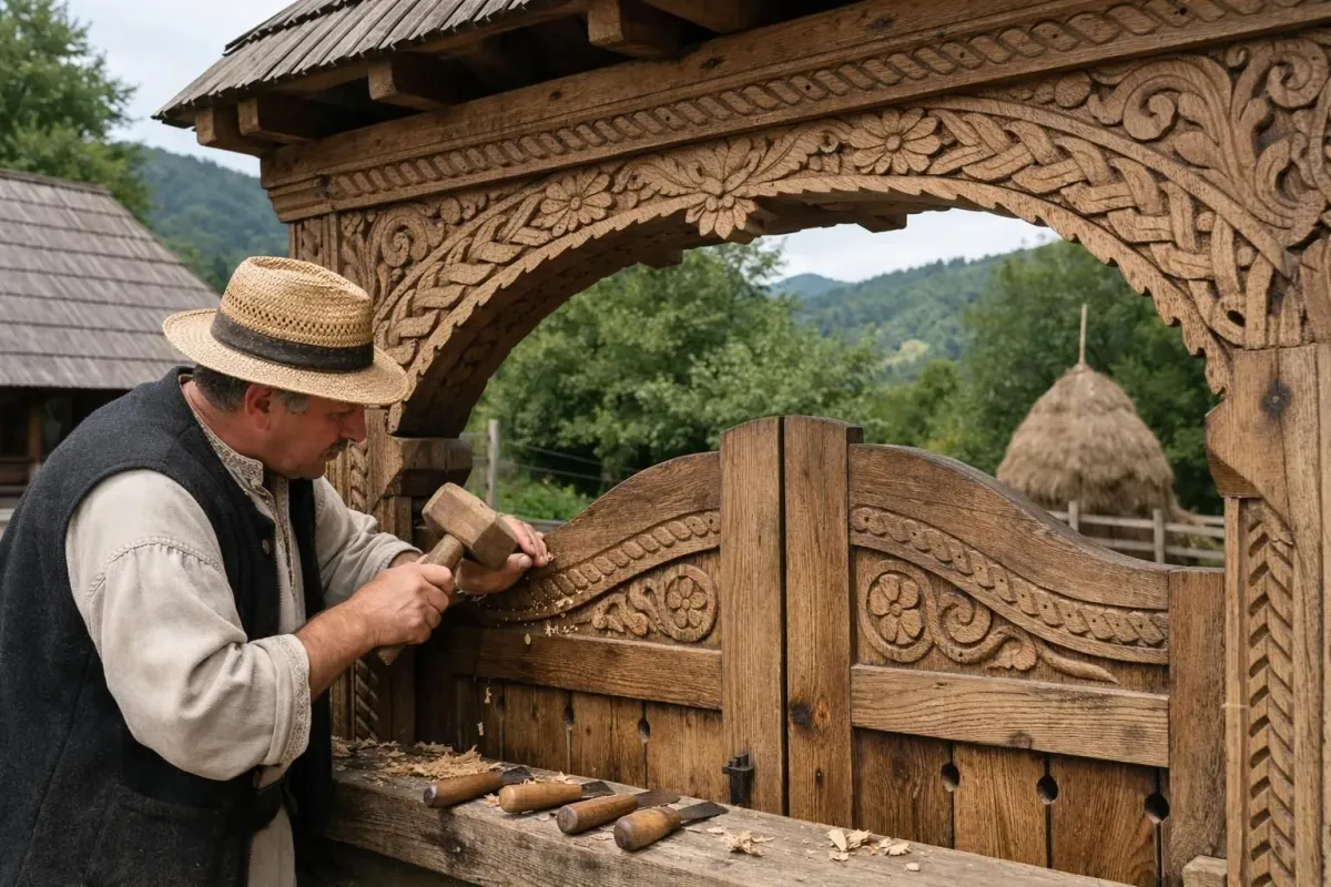 A man carving intricate wooden designs on a traditional gate.